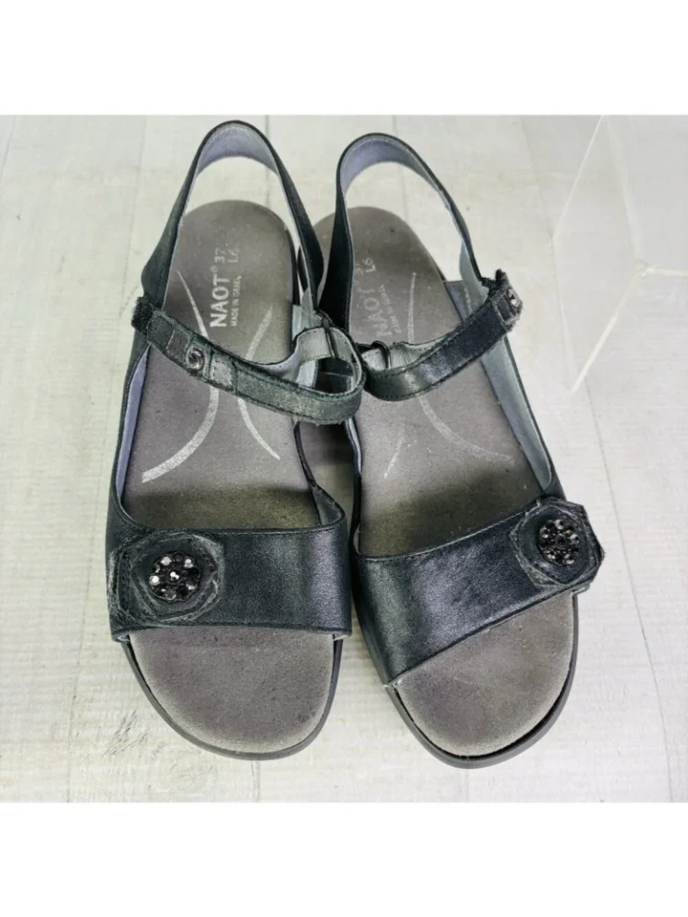 Naot VINEYARD Black Leather Rhinestone Slingback Wedge Heel Sandal Sz 37 US 6.5